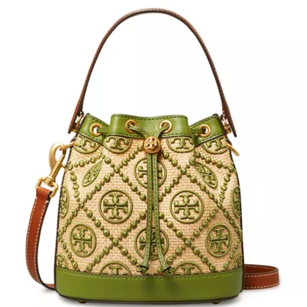 NWOT Tory Burch T Monogram Green and Tan Bucket Bag